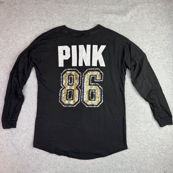 PINK Victoria's Secret Tops - Victoria's Secret PINK Bling 86 Varsity Long Sleeve Sequin T Shirt Black XS READ